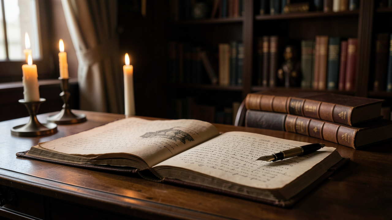 Une table d’écrivain élégante avec un livre ancien ouvert, un stylo plume, des pages manuscrites et des volumes reliés dans un intérieur de bibliothèque aux tons chauds, avec une mise au point nette et une faible profondeur de champ.